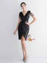 V-neck Split Sequins Beading Short Prom Dress