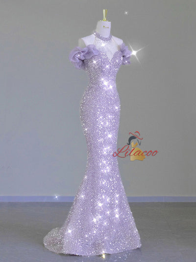 Purple Mermaid Sequins Prom Dress