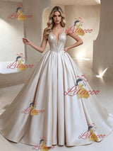 Ivory Satin V-neck Beading Wedding Dress