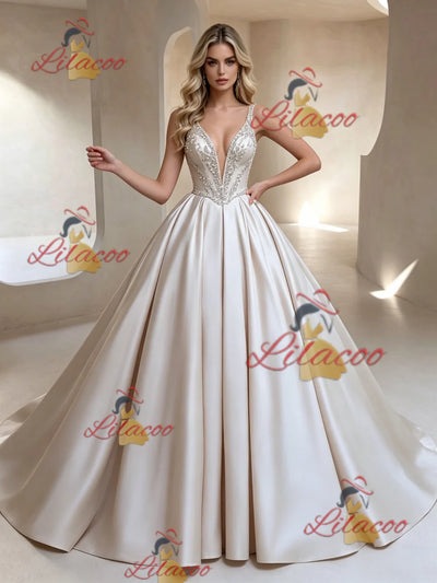 Ivory Satin V-neck Beading Wedding Dress