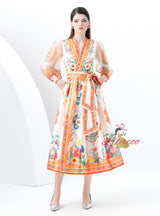 Retro Printed V-neck Bubble Sleeve Dress