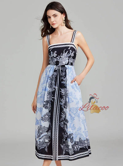 Retro Printed Suspender Dress