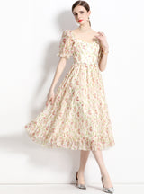 Bubble Sleeve Floral Chiffon Dress
