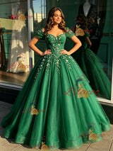 Green Tulle Off the Shoulder Appliques Quinceanera Dress