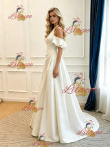 Ivory Satin Halter Pleats Wedding Dress