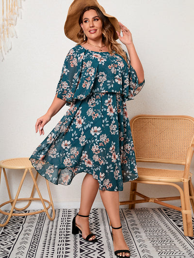Round Neck Ruffled Printed Plus Size Dress