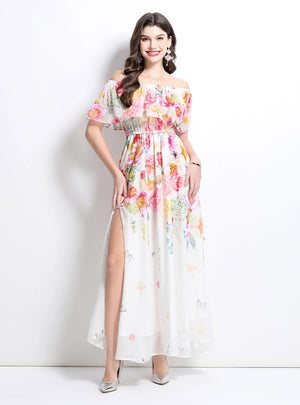Off the Shoulder Ruffled Printed Chiffon Dress