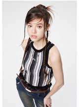 Color Mmatching Striped Tassel Sleeveless Vest