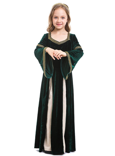 Retro Medieval Girls' Dark Green Horn Sleeve Dress
