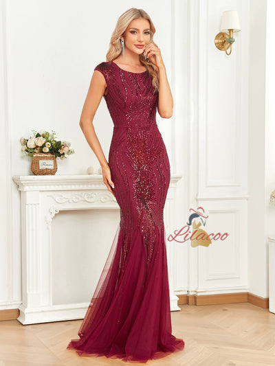 Burgundy Mermaid Sequins Cap Sleeve Prom Dress