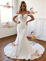 White Mermaid Straps Appliques Wedding Dress