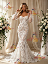 White Mermaid Tulle Lace Long Sleeve Wedding Dress