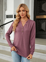 Solid Color V-neck Button Loose T-shirt