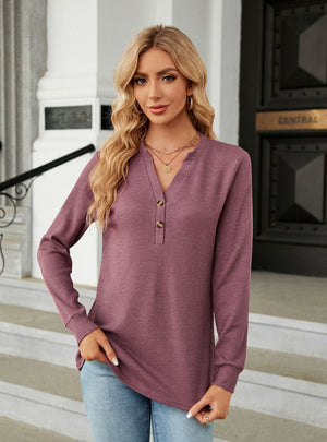 Solid Color V-neck Button Loose T-shirt