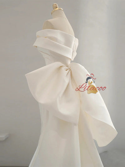 Ivory White Satin Pleats Wedding Dress