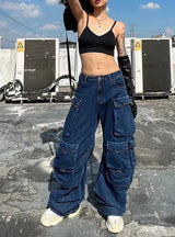 Wide Leg Stitching High Waist Pocket Jeans