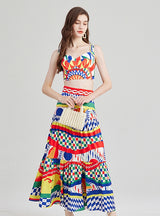 Printed Splicing Top +Skirt Two-piece Set