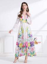 Palace Deep V-neck Flared Sleeve Lace Printed Dress