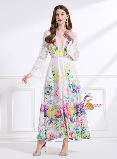 Palace Deep V-neck Flared Sleeve Lace Printed Dress