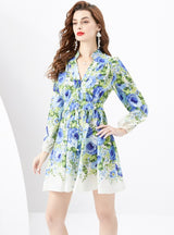 V-neck Lantern Sleeve Wavy Mini Retro Print Dress