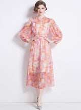 Long Sleeve Round Neck Slim Printed Chiffon Dress