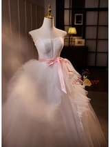 White Tulle Strapless Pleats Wedding Dress