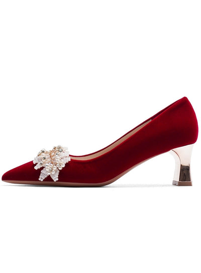 Thick-heeled Pointed Red Wedding Shoes