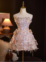 Champagne Sequins Strapless Beading Homecoming Dress