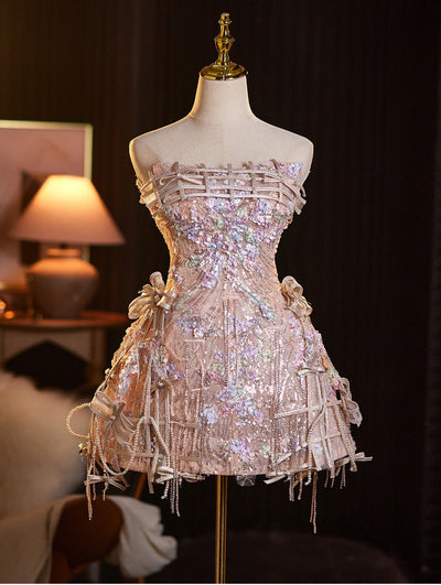 Champagne Sequins Strapless Beading Homecoming Dress