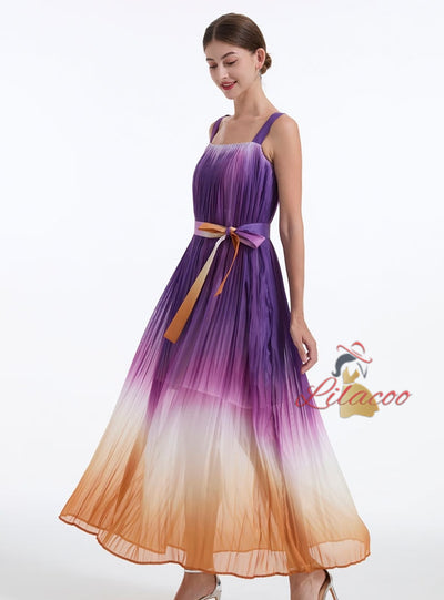 Rainbow Gradient Pleated Sling Big Swing Dress