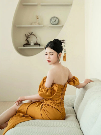 Yellow Satin Strapless Pleats Prom Dress