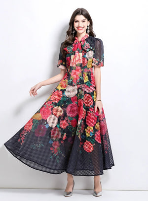 Bubble Short Sleeve Stitching Printed Medium-long Dress