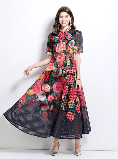 Bubble Short Sleeve Stitching Printed Medium-long Dress