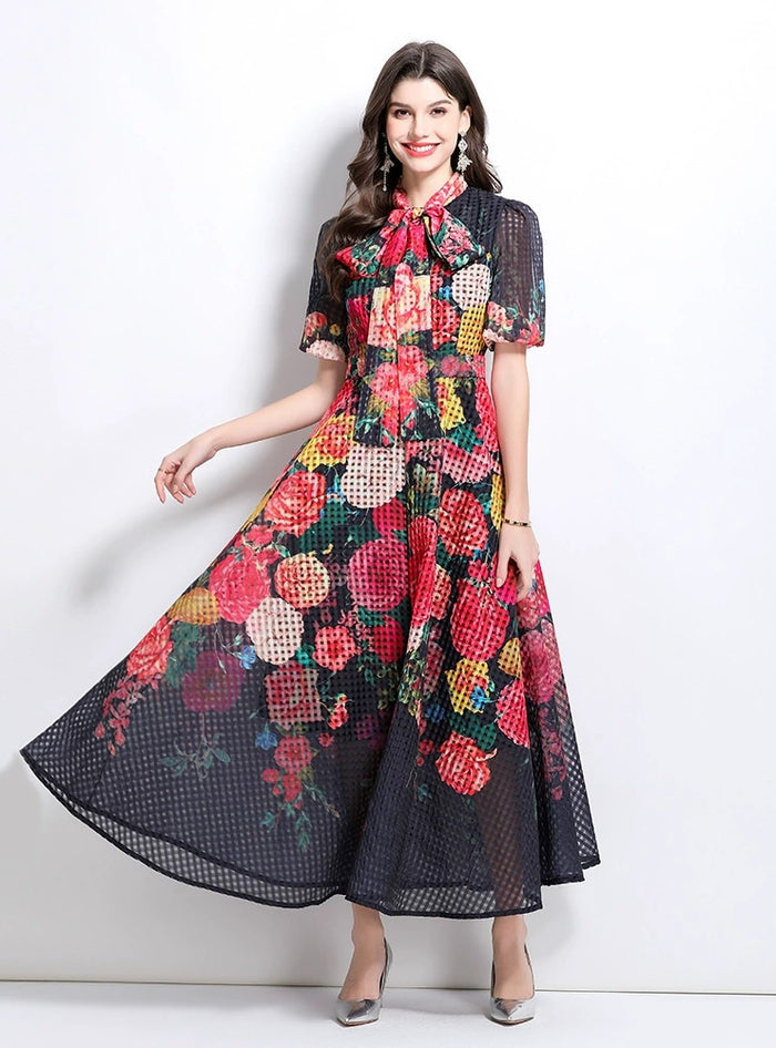 Bubble Short Sleeve Stitching Printed Medium-long Dress