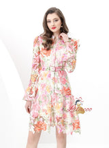 Retro Lace V-neck Long Sleeve Printed Dress