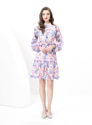 Retro Lace Long Sleeve Mini Print Dress