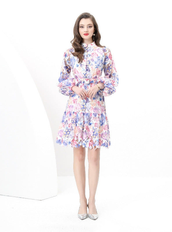 Retro Lace Long Sleeve Mini Print Dress