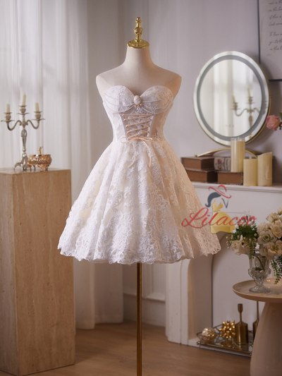 White Lace Strapless Homecoming Dress