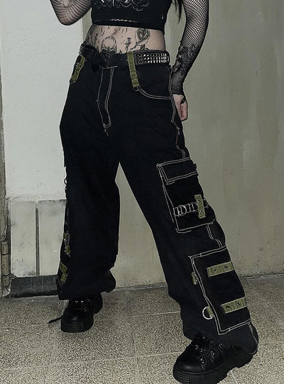 Heavy Metal Ribbon Spliced Pocket Jeans