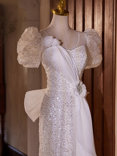 White Mermaid Sequins Puff Sleeve Bow Wedding Dress