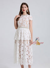 Heavy Industry Beaded Pearl Lace Short Sleeve Dress