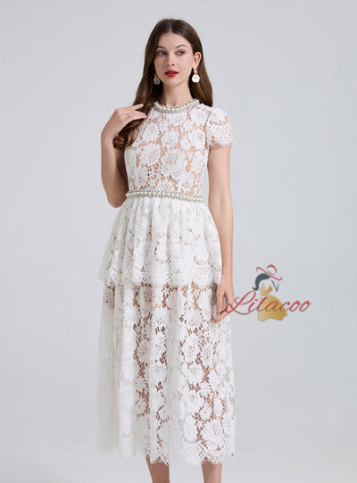 Heavy Industry Beaded Pearl Lace Short Sleeve Dress