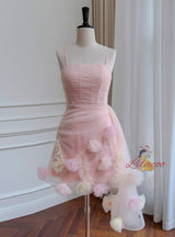 Pink Tulle Spaghetti Straps Pleats Prom Dress