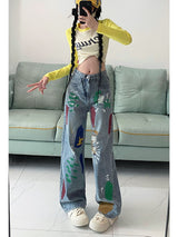Retro Painted Hole High Waist Loose Jeans