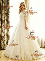 White Tulle Lace Short Sleeve Wedding Dress