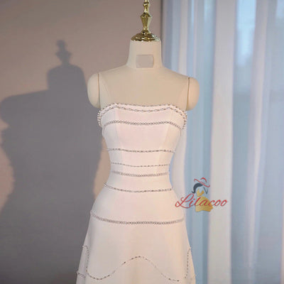 Simple White Strapless Beading Pearls Wedding Dress