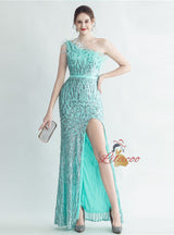 Women One Shoulder Sequins Split Prom Dress