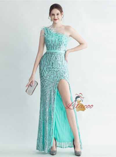 Women One Shoulder Sequins Split Prom Dress