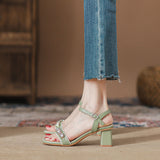 Rhinestone Square-headed Thick-heeled Sandals