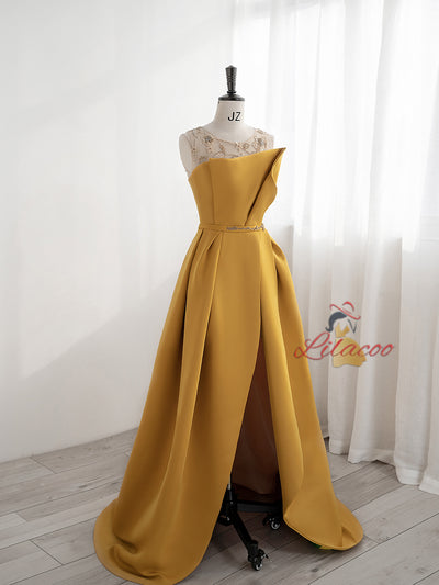 Yellow Backless Beading Prom Dress